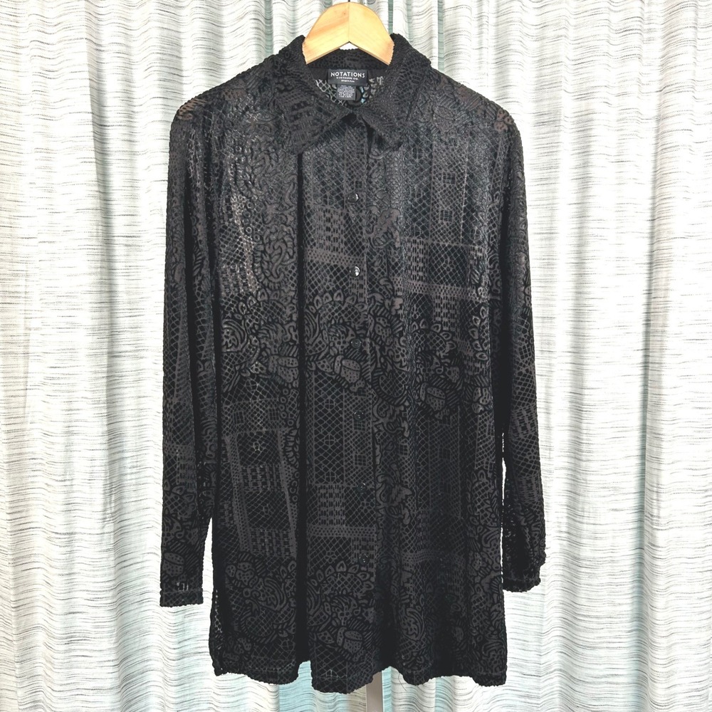 Notations Blouse Black Womens 1X Burnout Velvet Sheer Long Sleeve Button Up EUC